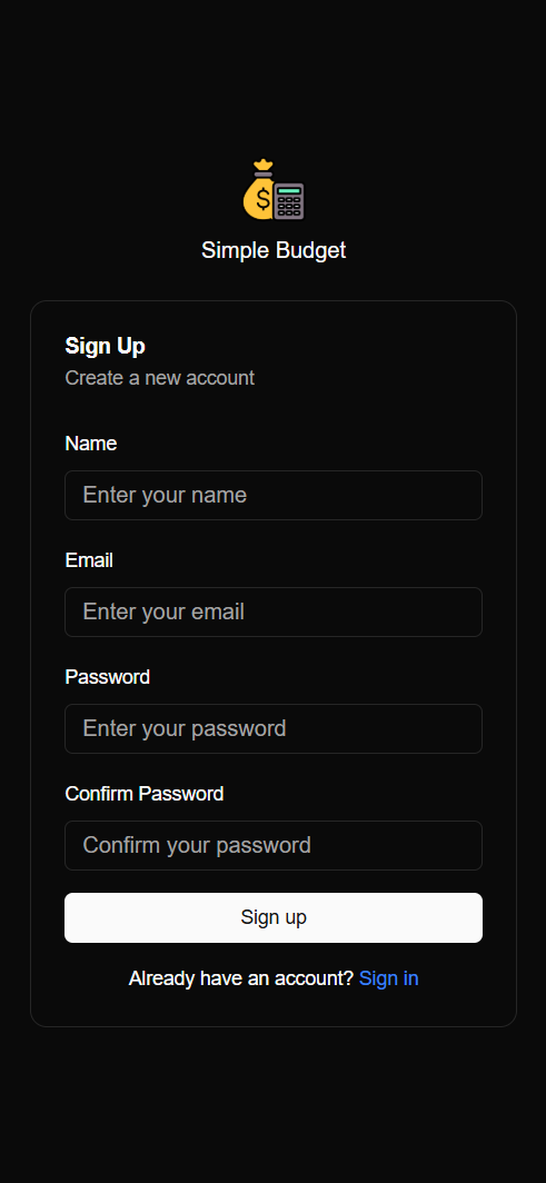 Screenshot of Simple Budget App - Sign Up Page